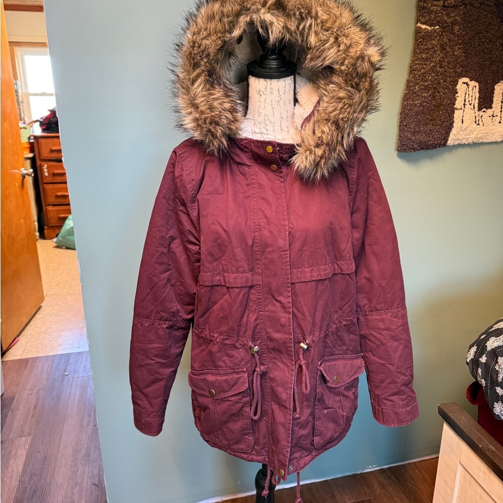 Burgundy Fur-Lined Hooded Parka
